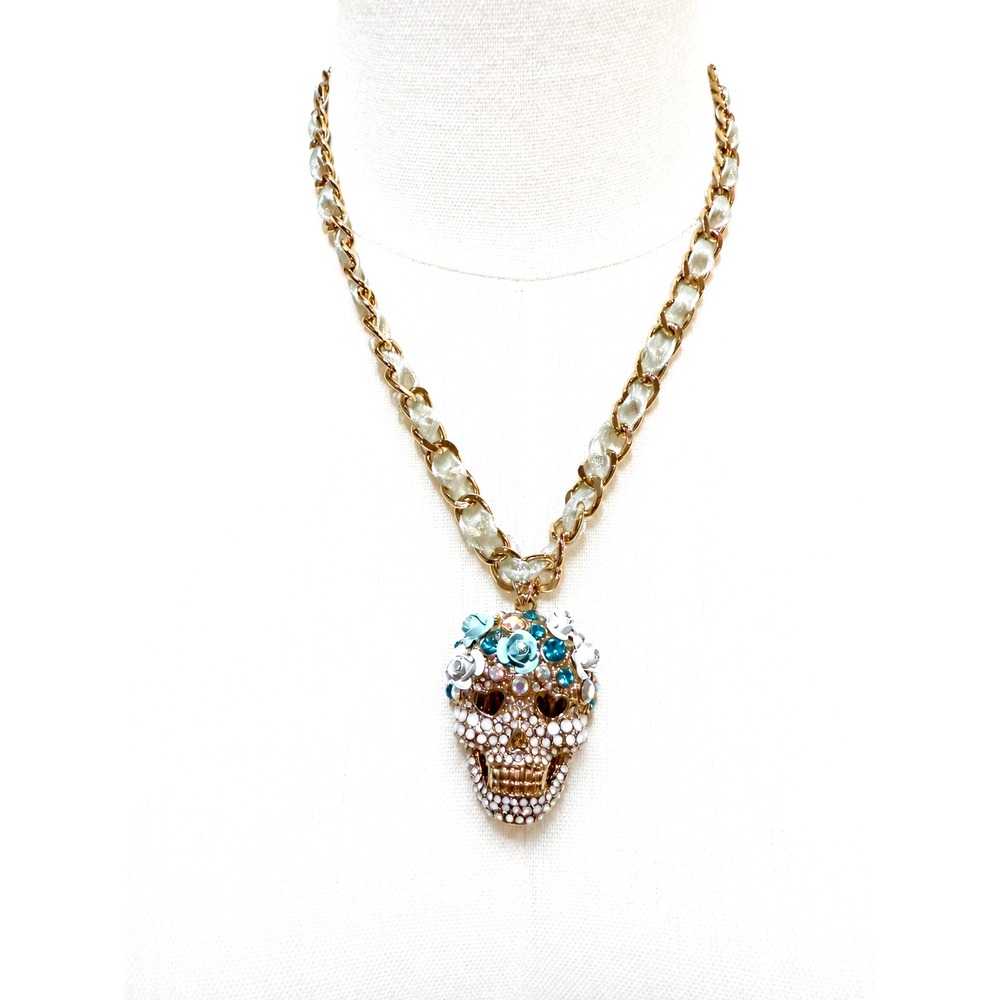 Betsy Johnson Sugar Skull Blue Ribbon Chain Pendant Necklace Crystal Flower NWT